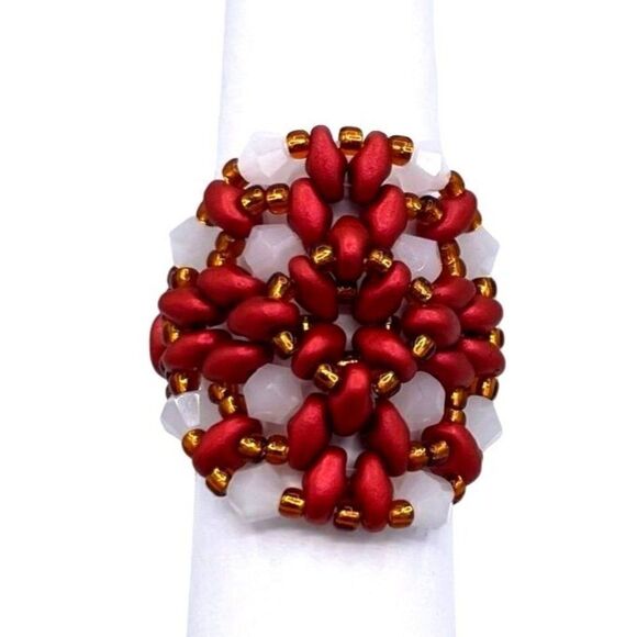 Velvet Red with Bronze and Opal White Crystal Beaded Statement Ring Size 9 - Picture 2 of 8